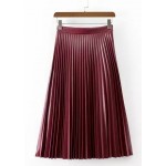 Green Camel Brown Burgundy Pleated PU Faux Leather Long Skirt Dress